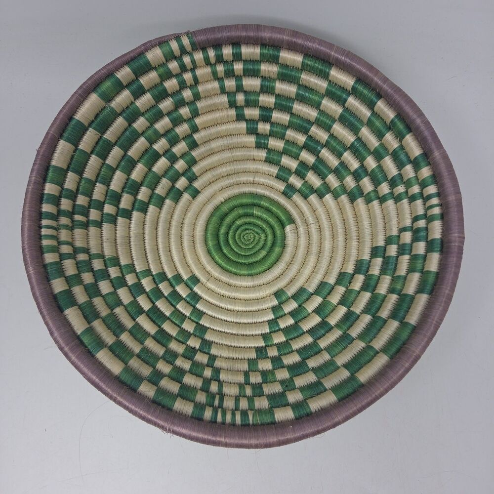 Vintage 11” Woven/Reed Coiled Basket Bowl Wall Green White African